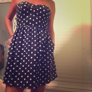 Navy with white polka dots strapless dress. Small.